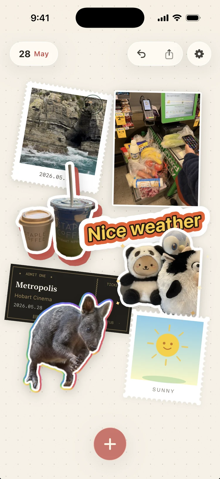 A Peelday diary page with photo, ticket, weather and emoji stickers