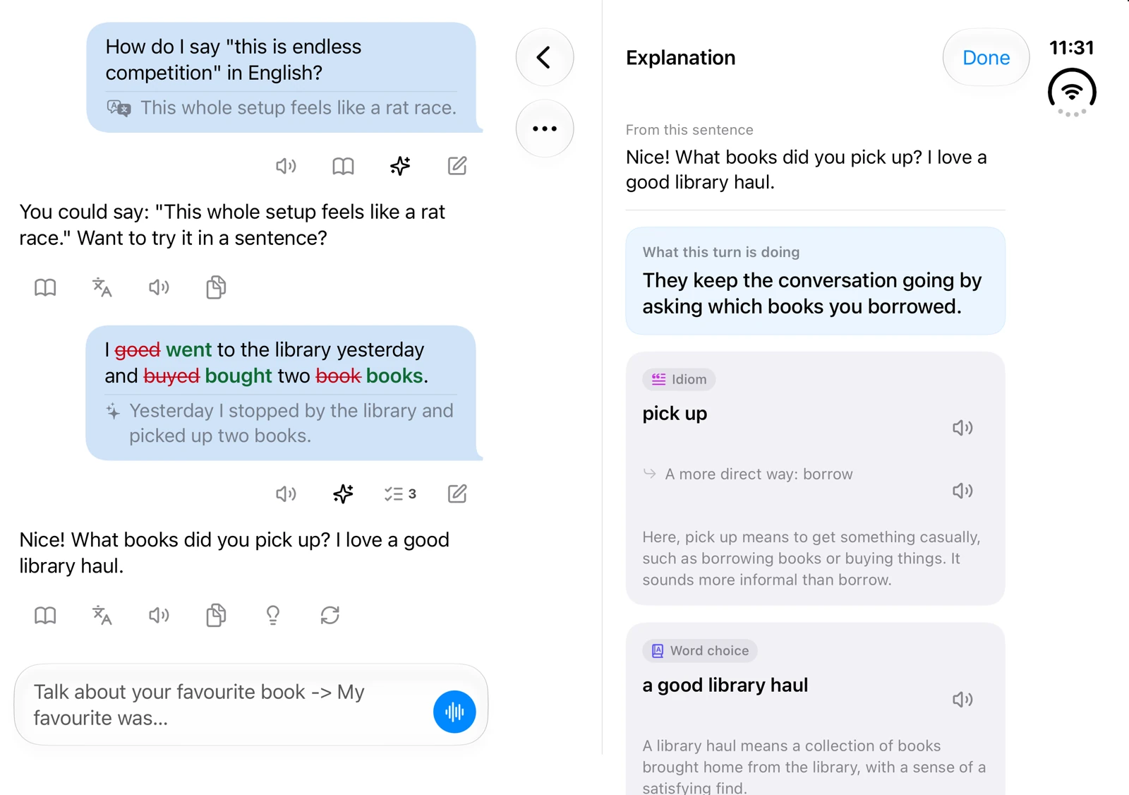 Converloop on the inner screen of iPhone Duo: the conversation on the left, its Explanation on the right