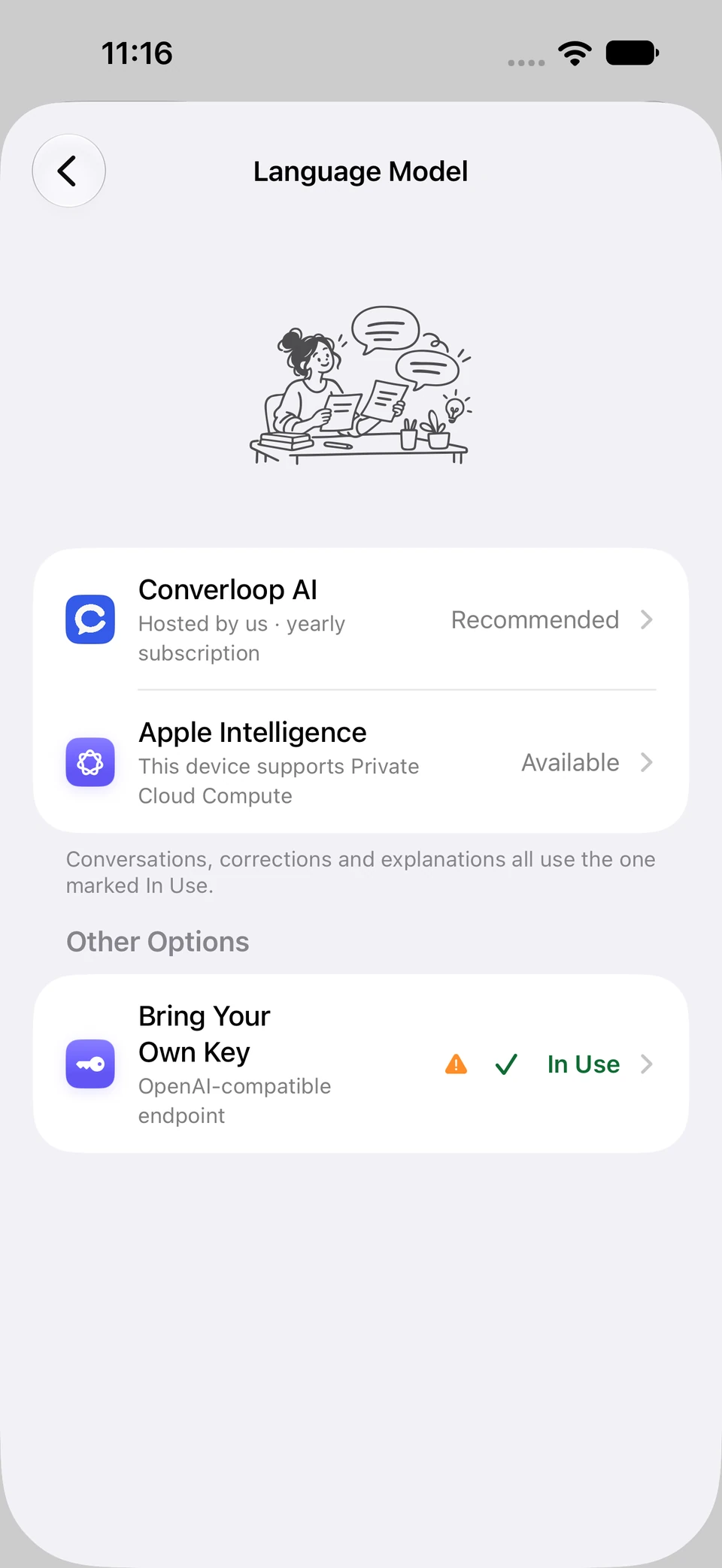 Language Model settings showing Converloop AI, Apple Intelligence and Bring Your Own API Key