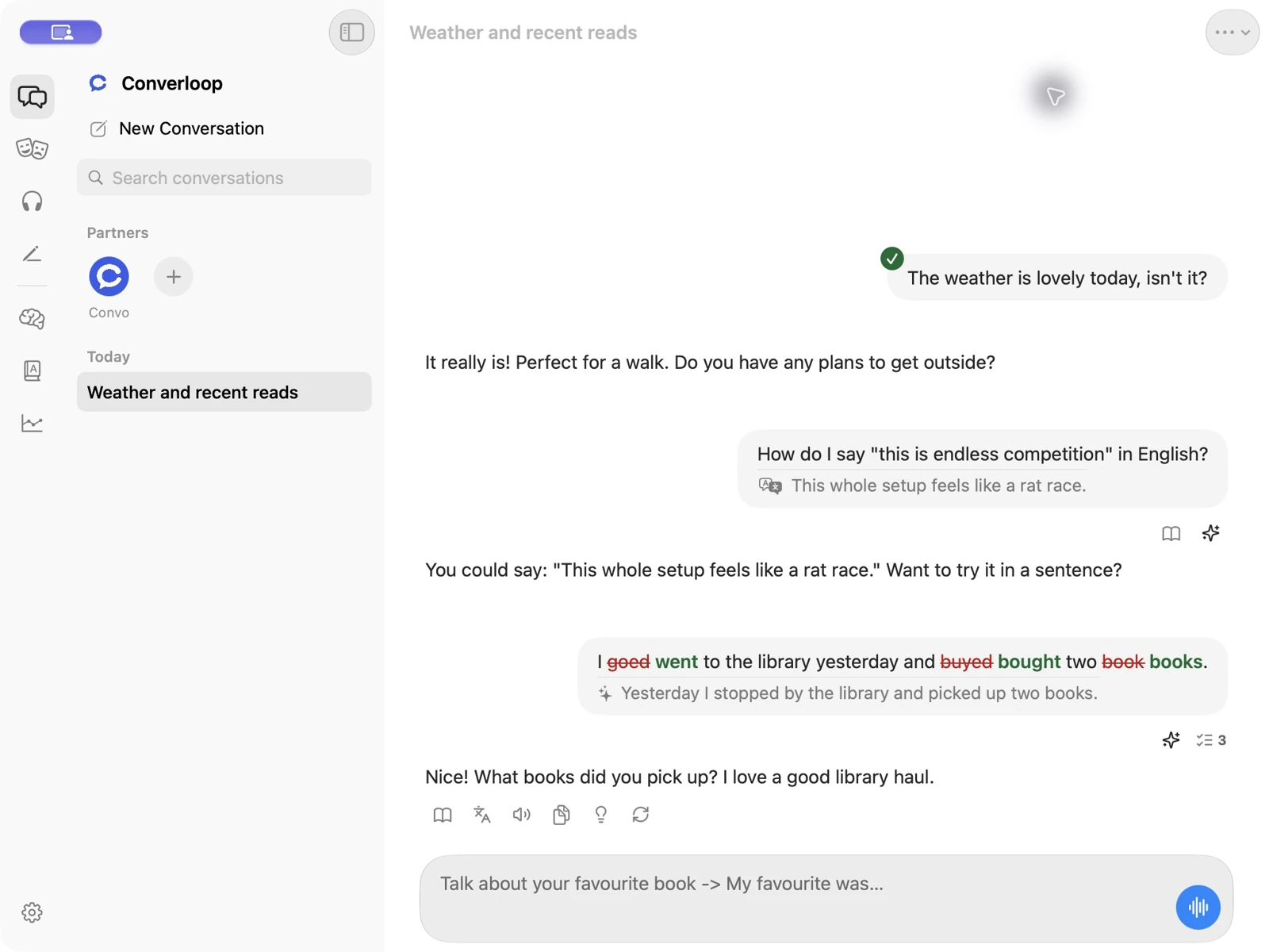 Converloop on Mac: a sidebar of partners and conversations next to a chat with inline corrections